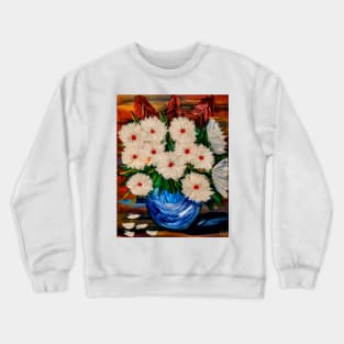 beautiful large carnation flowers in a blue bowl vase Crewneck Sweatshirt